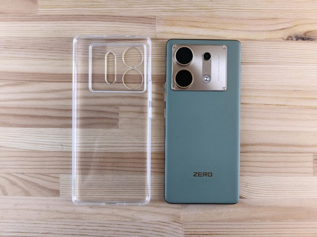 A sleek smartphone and clear case on a wooden surface, perfect for tech enthusiasts.